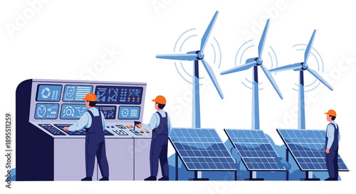 Modern vector illustration of renewable energy plant with solar panels and wind turbines, highlighting sustainable power generation and green industrial technology