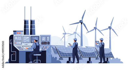 Modern vector illustration of renewable energy plant with solar panels and wind turbines, highlighting sustainable power generation and green industrial technology