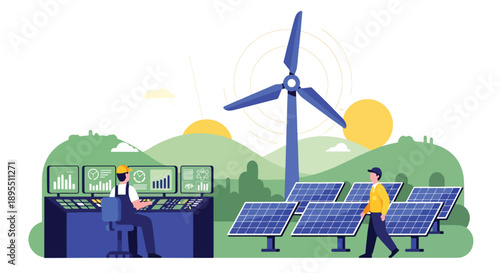 Modern vector illustration of renewable energy plant with solar panels and wind turbines, highlighting sustainable power generation and green industrial technology