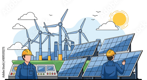 Modern vector illustration of renewable energy plant with solar panels and wind turbines, highlighting sustainable power generation and green industrial technology