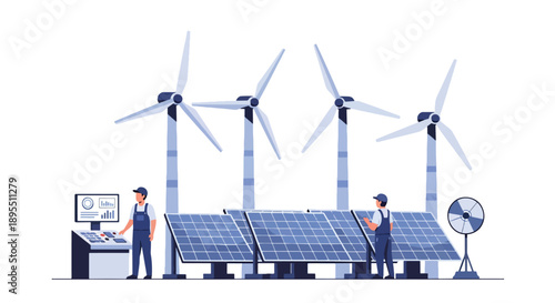 Modern vector illustration of renewable energy plant with solar panels and wind turbines, highlighting sustainable power generation and green industrial technology