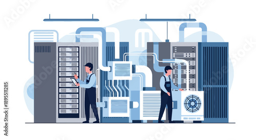 Modern vector illustration of data center with server racks and technicians, showing digital infrastructure, cloud computing, and secure information systems