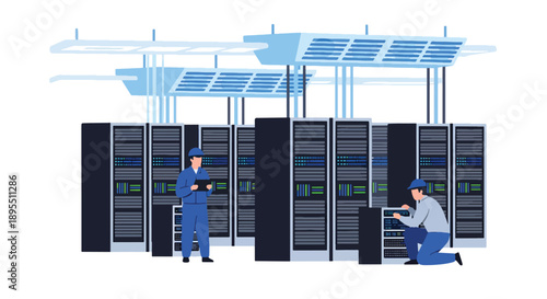 Modern vector illustration of data center with server racks and technicians, showing digital infrastructure, cloud computing, and secure information systems