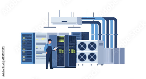 Modern vector illustration of data center with server racks and technicians, showing digital infrastructure, cloud computing, and secure information systems