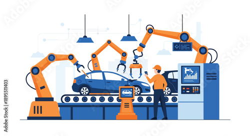 Modern vector illustration of automotive factory with robotic arms and workers assembling vehicles, showing smart manufacturing and quality production systems