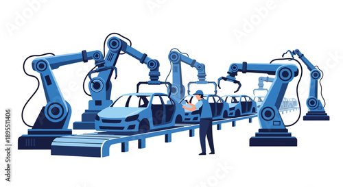 Modern vector illustration of automotive factory with robotic arms and workers assembling vehicles, showing smart manufacturing and quality production systems