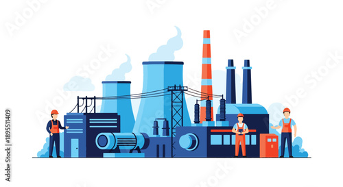 Modern vector illustration of power plant with generators and transmission lines, representing electricity production and national energy infrastructure