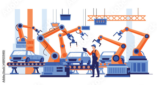 Modern vector illustration of automotive factory with robotic arms and workers assembling vehicles, showing smart manufacturing and quality production systems