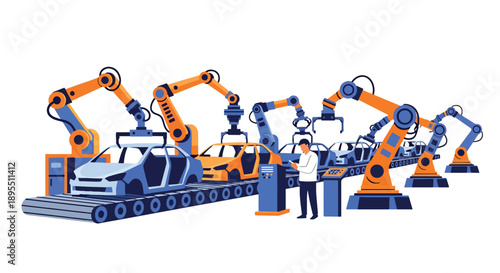 Modern vector illustration of automotive factory with robotic arms and workers assembling vehicles, showing smart manufacturing and quality production systems