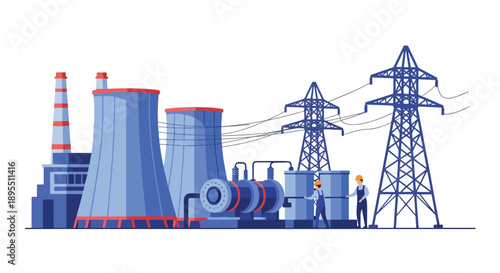 Modern vector illustration of power plant with generators and transmission lines, representing electricity production and national energy infrastructure