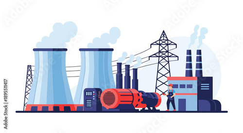 Modern vector illustration of power plant with generators and transmission lines, representing electricity production and national energy infrastructure