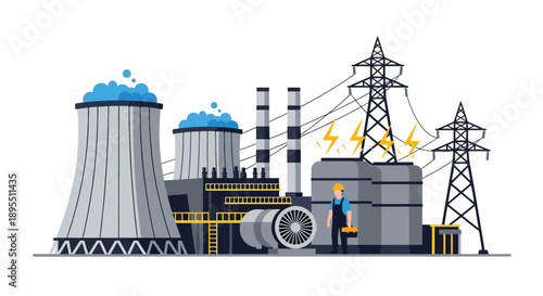 Modern vector illustration of power plant with generators and transmission lines, representing electricity production and national energy infrastructure