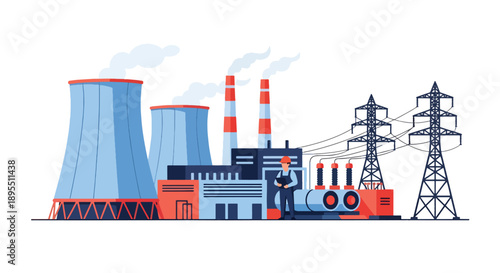 Modern vector illustration of power plant with generators and transmission lines, representing electricity production and national energy infrastructure