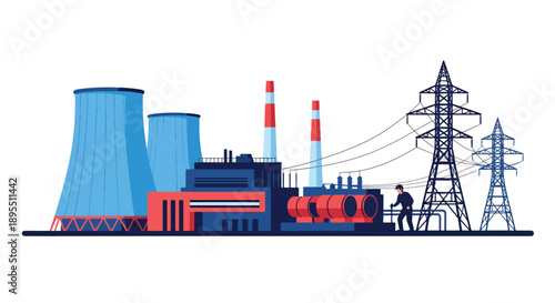 Modern vector illustration of power plant with generators and transmission lines, representing electricity production and national energy infrastructure