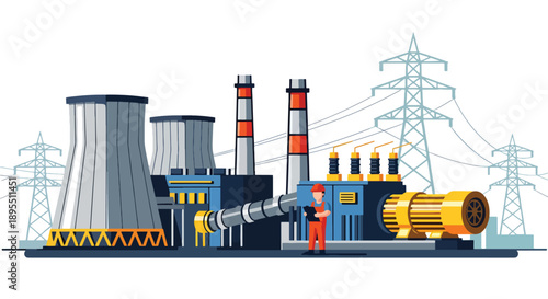 Modern vector illustration of power plant with generators and transmission lines, representing electricity production and national energy infrastructure