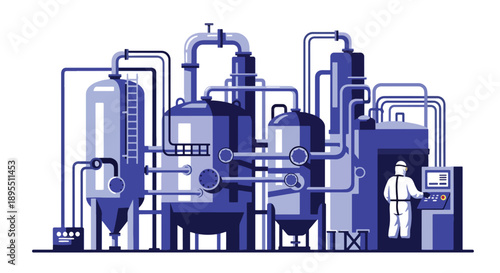 Modern vector illustration of chemical plant with tanks and technicians in safety suits, showing industrial chemistry production and laboratory operations