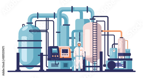 Modern vector illustration of chemical plant with tanks and technicians in safety suits, showing industrial chemistry production and laboratory operations