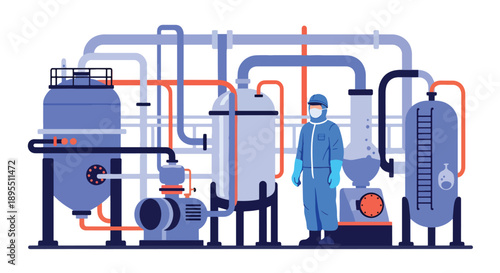 Modern vector illustration of chemical plant with tanks and technicians in safety suits, showing industrial chemistry production and laboratory operations