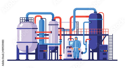 Modern vector illustration of chemical plant with tanks and technicians in safety suits, showing industrial chemistry production and laboratory operations