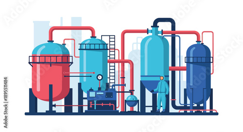 Modern vector illustration of chemical plant with tanks and technicians in safety suits, showing industrial chemistry production and laboratory operations