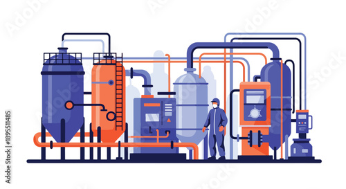 Modern vector illustration of chemical plant with tanks and technicians in safety suits, showing industrial chemistry production and laboratory operations