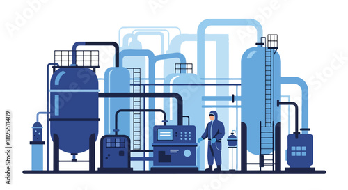 Modern vector illustration of chemical plant with tanks and technicians in safety suits, showing industrial chemistry production and laboratory operations