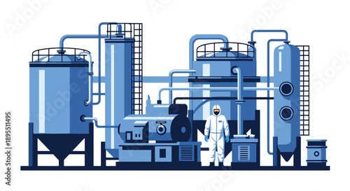 Modern vector illustration of chemical plant with tanks and technicians in safety suits, showing industrial chemistry production and laboratory operations