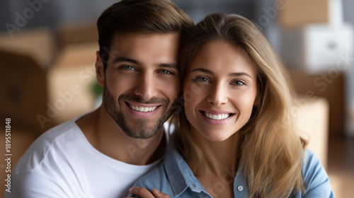 Happy defocused couple leaning on moving containers in new residence, relocation celebration, home ownership, property purchase happiness, domestic transition, lifestyle achievement, moving day, with