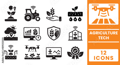 Agriculture Tech Flat Icons – Smart Irrigation, Drones & Crop Monitoring