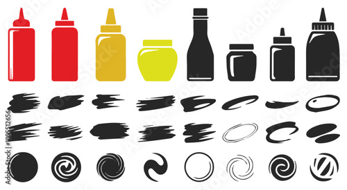 bottle packaging labels logo icons bowl and brushstroke elements