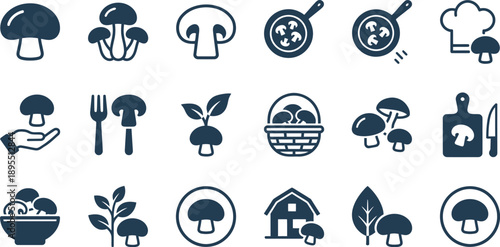 A collection of mushroom icons for culinary and agricultural themes in graphic design