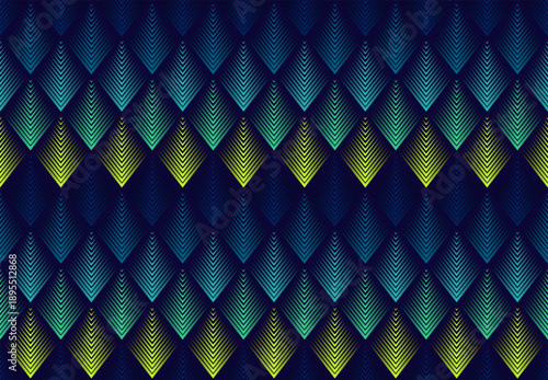 Premium textile print. Dark blue geometric pattern with vibrant neon scales. ...