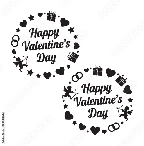 Obraz na plátně Valentines Day Greeting with Cupid and Hearts Black Silhouette