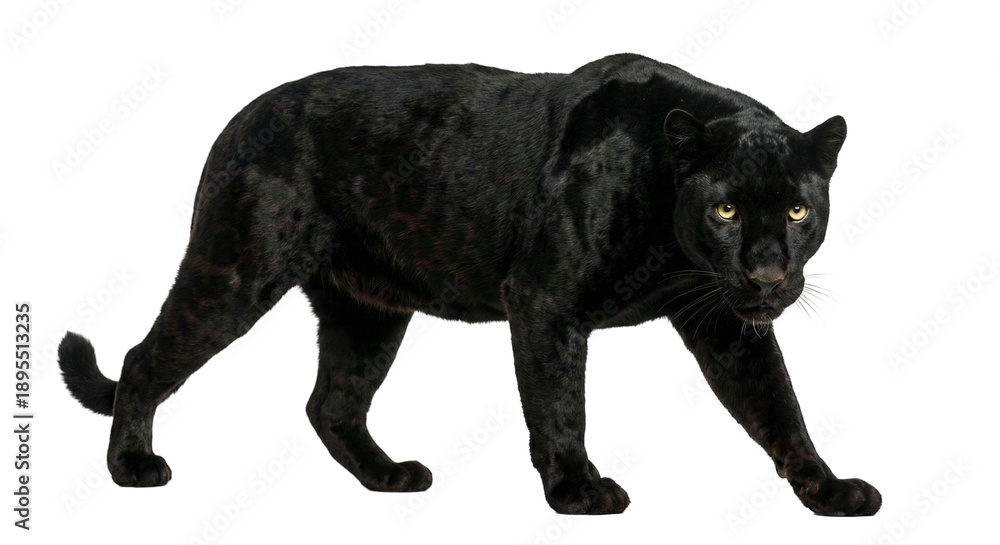 Fototapeta premium Powerful Black Panther Crouching and Stalking Isolated on White Background, Majestic Melanistic Leopard Wildlife Portrait, Predatory Big Cat Character Concept for Branding and Cinema
