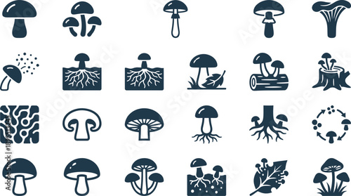 Detailed and clean graphic mushroom icon set, perfect for nature-themed designs, healthy food blogs, and natural lifestyle branding projects