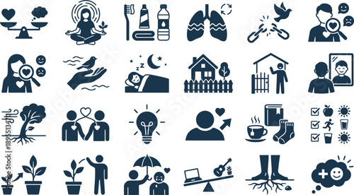 A fresh collection of modern vector icons illustrating essential concepts of well-being, personal growth, relationships, and daily life