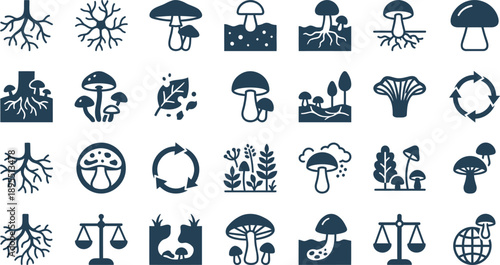 Modern Vector Icon Set Exploring Mycology with Detailed Fungi, Mushroom, and Root System Illustrations for Natural Ecosystems and Growth Cycles