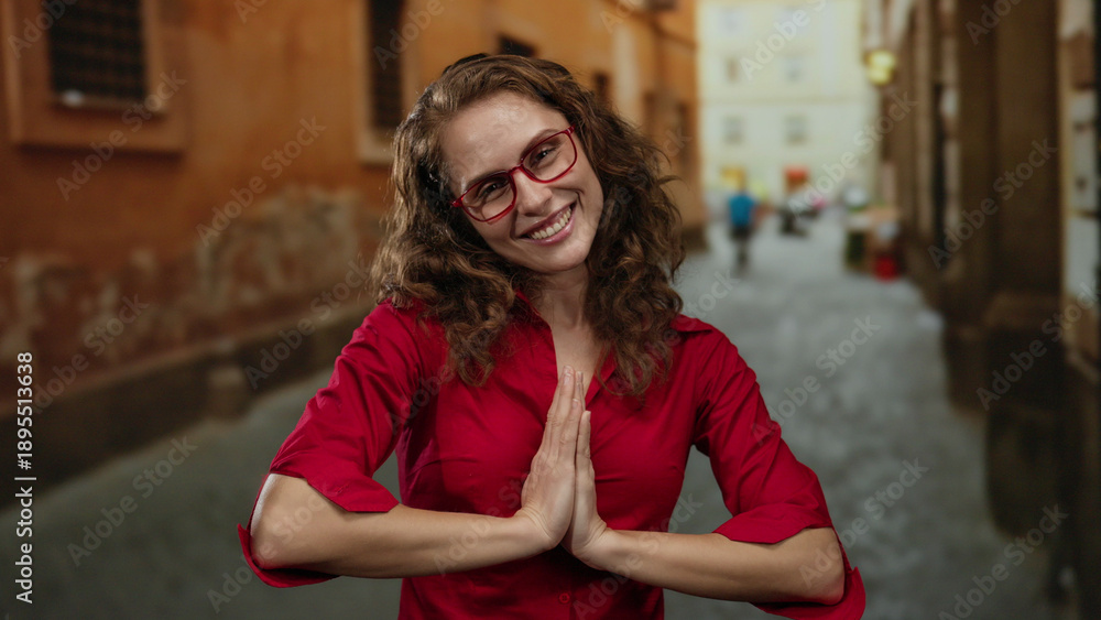 custom made wallpaper toronto digitalWoman smiling with hands in prayer position on a city street wearing a red shirt and glasses with a joyful expression amidst urban background.
