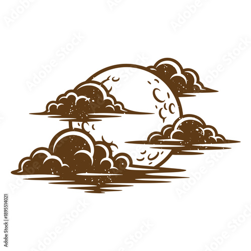 Vintage Grunge texture a brown illustration of a half moon with fluffy clouds and shadows on a plain white surface