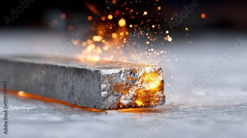 Molten metal sparks erupting from heated iron block on cold surface