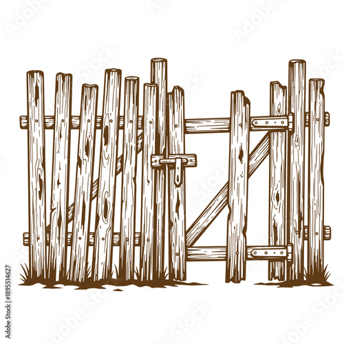 Vintage Grunge texture a wooden fence with a gate made of wooden planks and metal hinges and latch