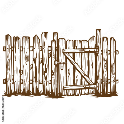 Vintage Grunge texture a wooden fence with a gate and hinges on a plain surface