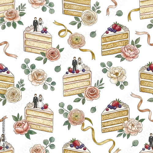 A repeating background of hand painted wedding cake with bride groom figures, elegant roses, peonies, and ribbons. For cards or fabric.. Vector illustration