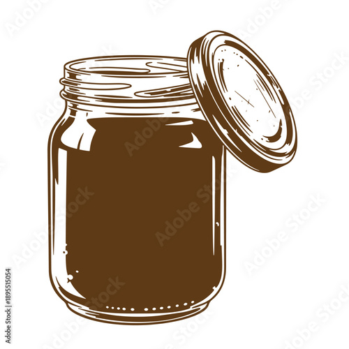 Vintage Grunge texture drawing of illustration of chocolate spread in a glass with the lid on the side