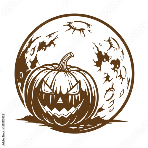 Vintage Grunge texture Halloween pumpkin with evil face in front of a full moon with craters and clouds in the background