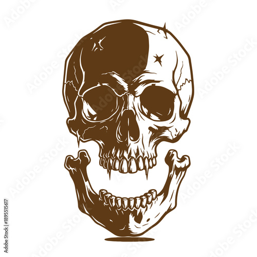 Vintage Grunge texture Illustration of a human skull with a star on its forehead and a wide smiling expression isolated on white background