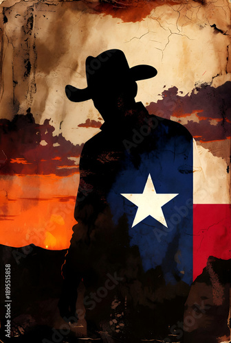 Texas Independence Day artistic portrait silhouette with lone star flag overlay, moody textured background expressing Texas pride and historic identity

