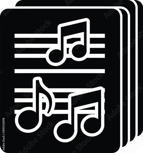 Stack of music sheets with hand drawn musical notes and staves. Sheet of music manuscript paper. 