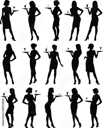 Black silhouette illustration set of elegant women serving drinks on trays in stylish waitress and hospitality service poses