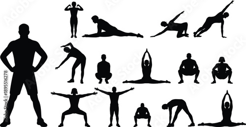 Black silhouette illustration set of men performing fitness exercise and stretching poses including squats, lunges, yoga, and bodyweight training movements